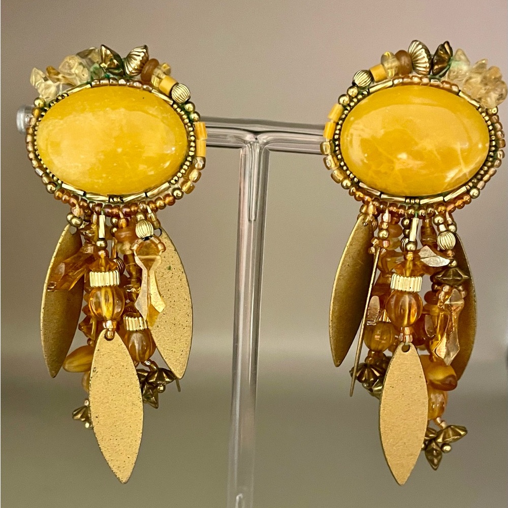 Vintage boho dangle clip on stud earring with yellow cabochon and gold dangles
